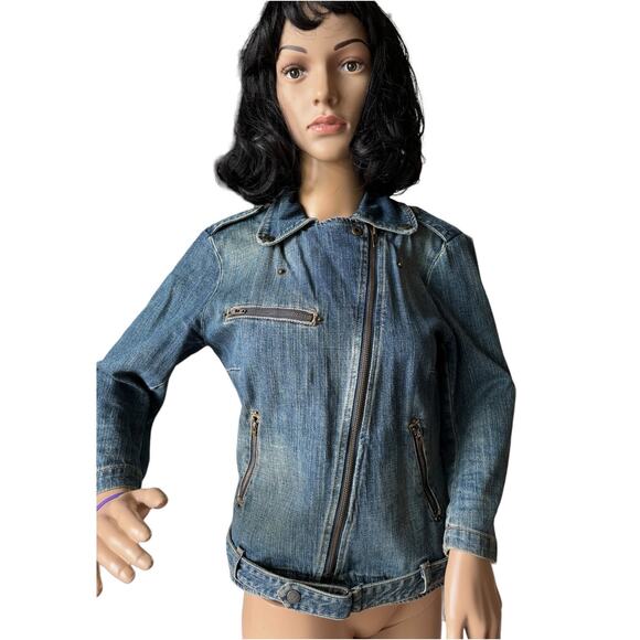 Vintage Y2K Current Elliott The Biker Jacket blue denim Motoside zipper size 6 - Picture 2 of 16